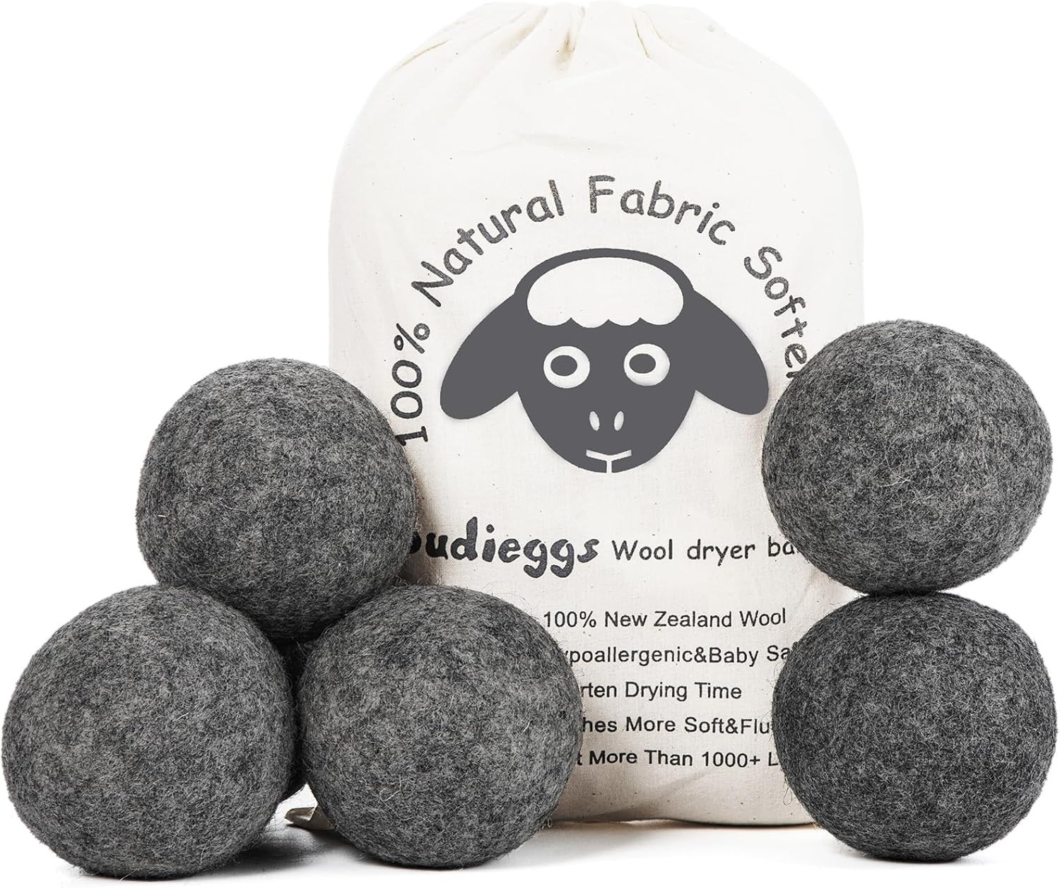 Wool Dryer Balls Dark Grey XL 6-Pack, 100% New Zealand Organic Fabric Softener f