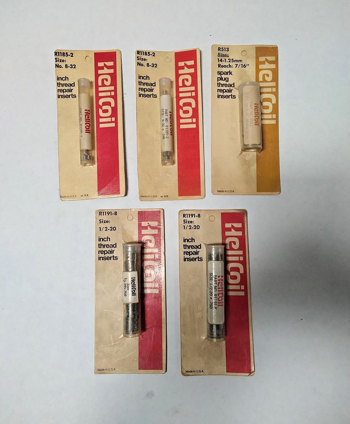 Lot of 5 Helicoil Inch Thread Repair Inserts 8-32 1/2-20 14-1.25mm Made in USA