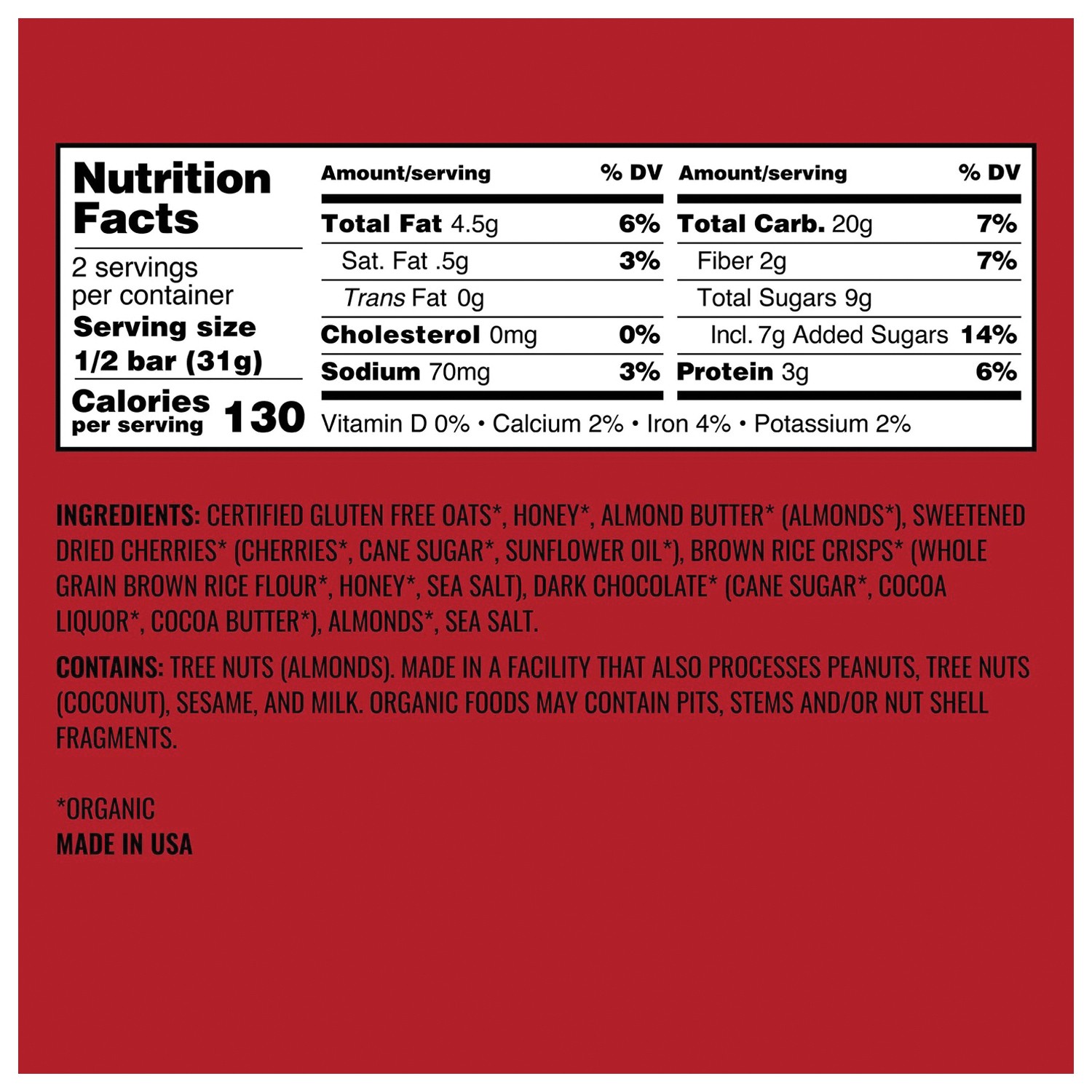 Kate's Real Food Organic Dark Chocolate Cherry Energy Bars - Gluten-Free,