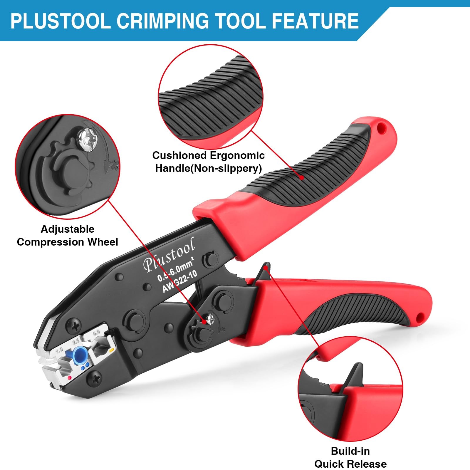 Plustool Crimping Tool for Insulated Electrical Connectors AWG Red&black