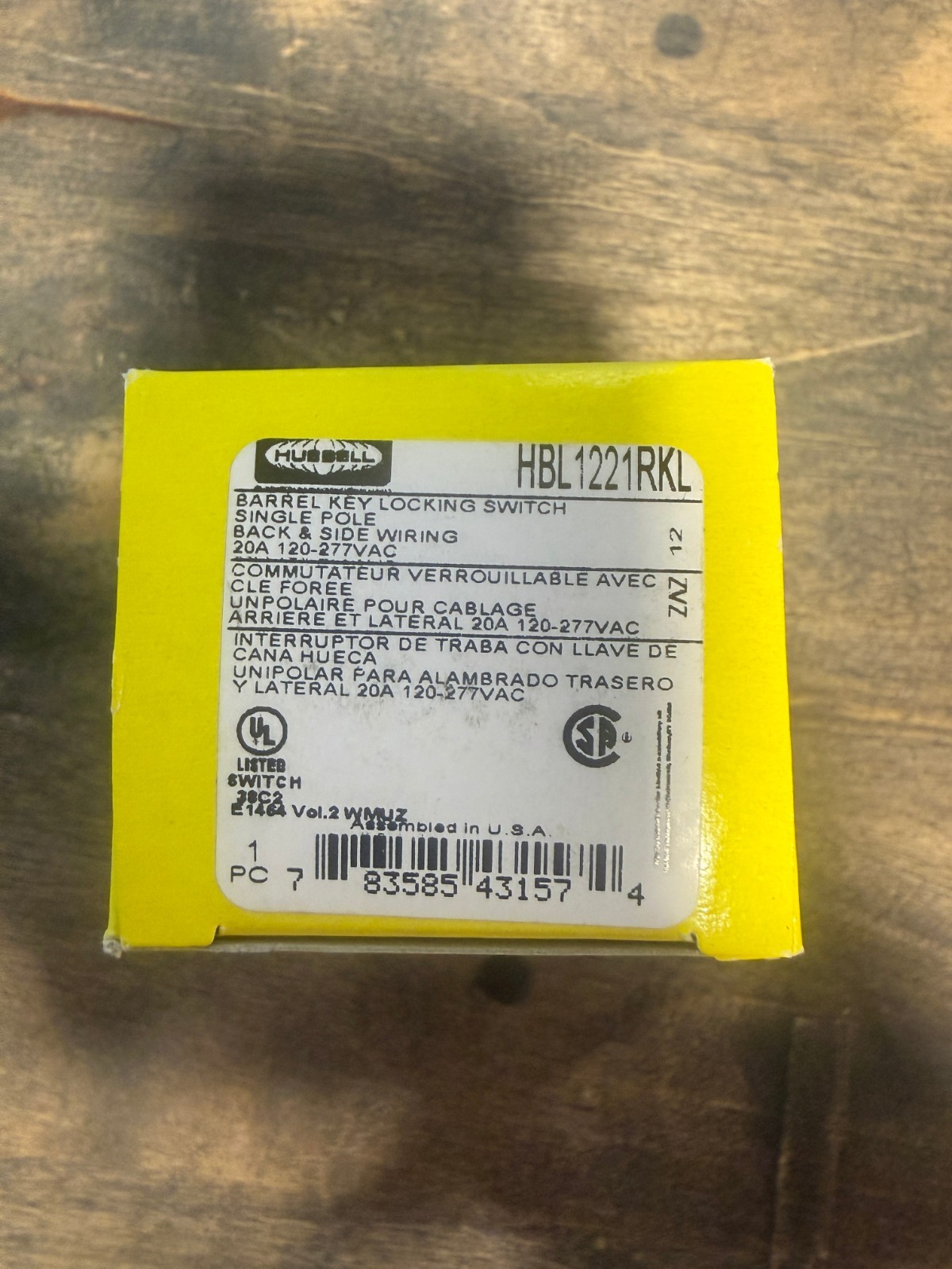 Hubbell Wiring Device HBL1221rkl Wall Switch, 1-Pol, 20A, barrel key locking