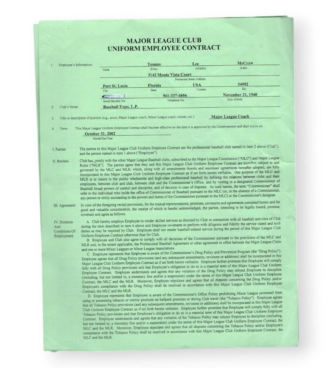 Tom McCraw Signed Autographed Contract White Sox 2002 Expos JSA CB20138