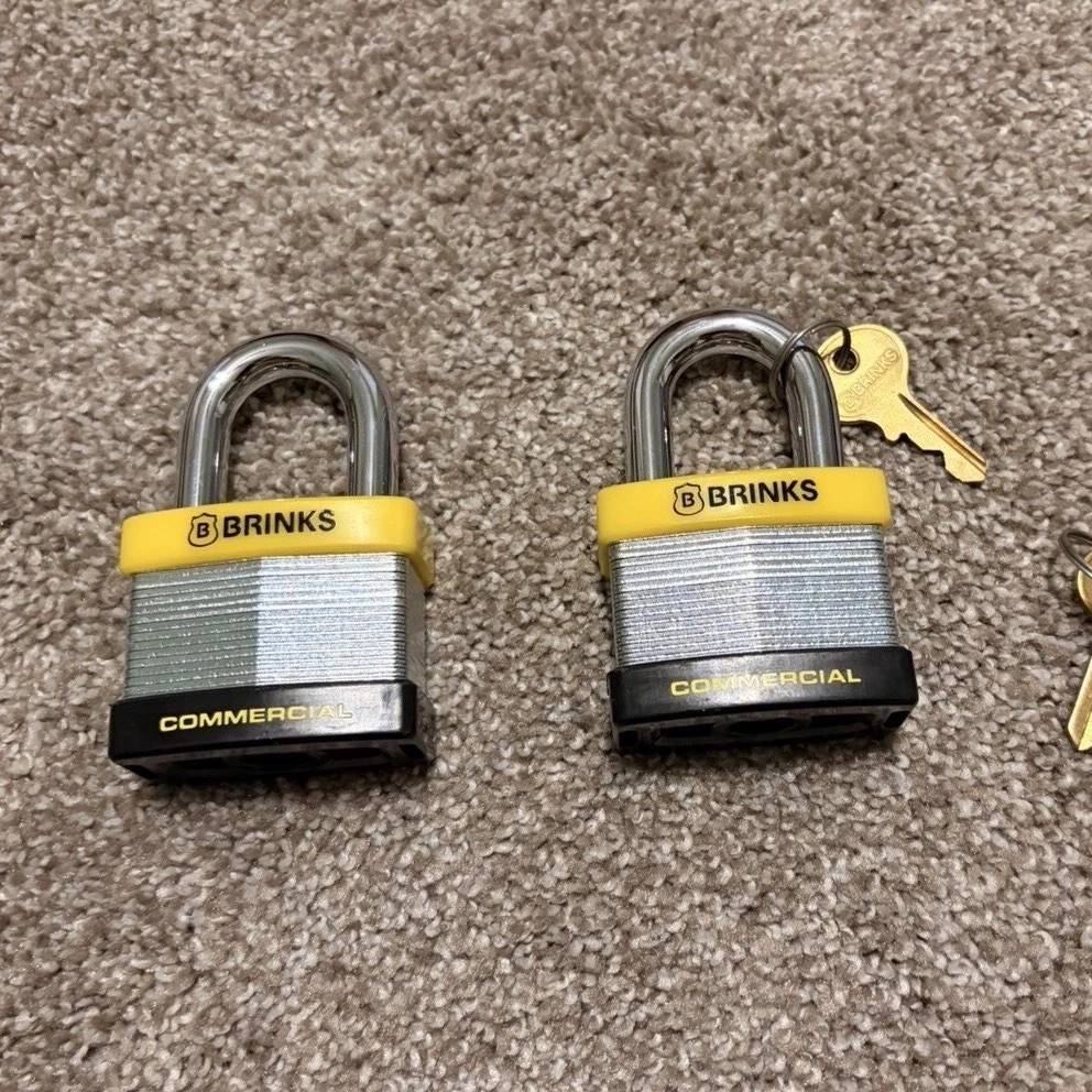 Brinks Commercial Steel Keyed Padlocks w/ Keys, Yellow/Black/Silver, 2-Pack