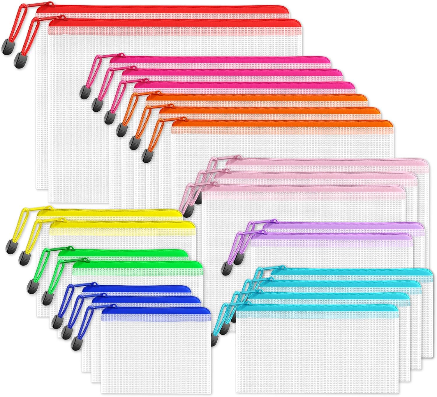 Multisize Mesh Zipper Pouches - 24 Pack in 9 Colors for Organizing Supplies