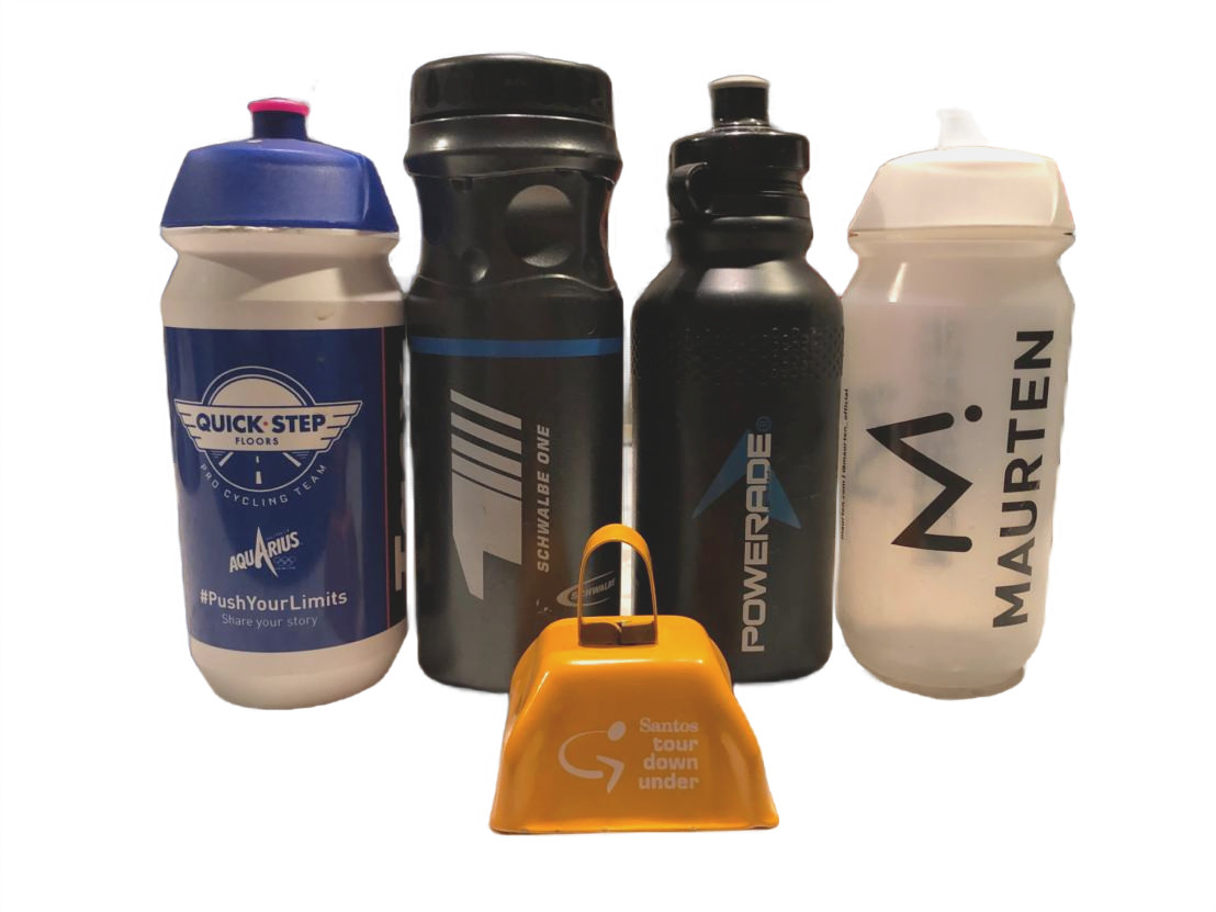 2019 SANTOS TOUR DOWN UNDER AUSTRALIA RACE USED WATER BOTTLES + CYCLING COWBELL