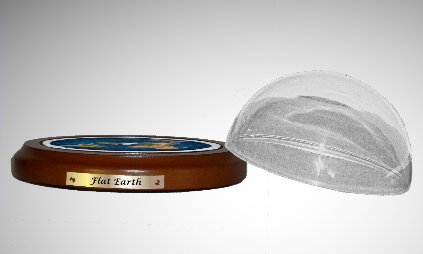 Flat Earth Map Dome Display Model - wood base, acrylic dome, gift