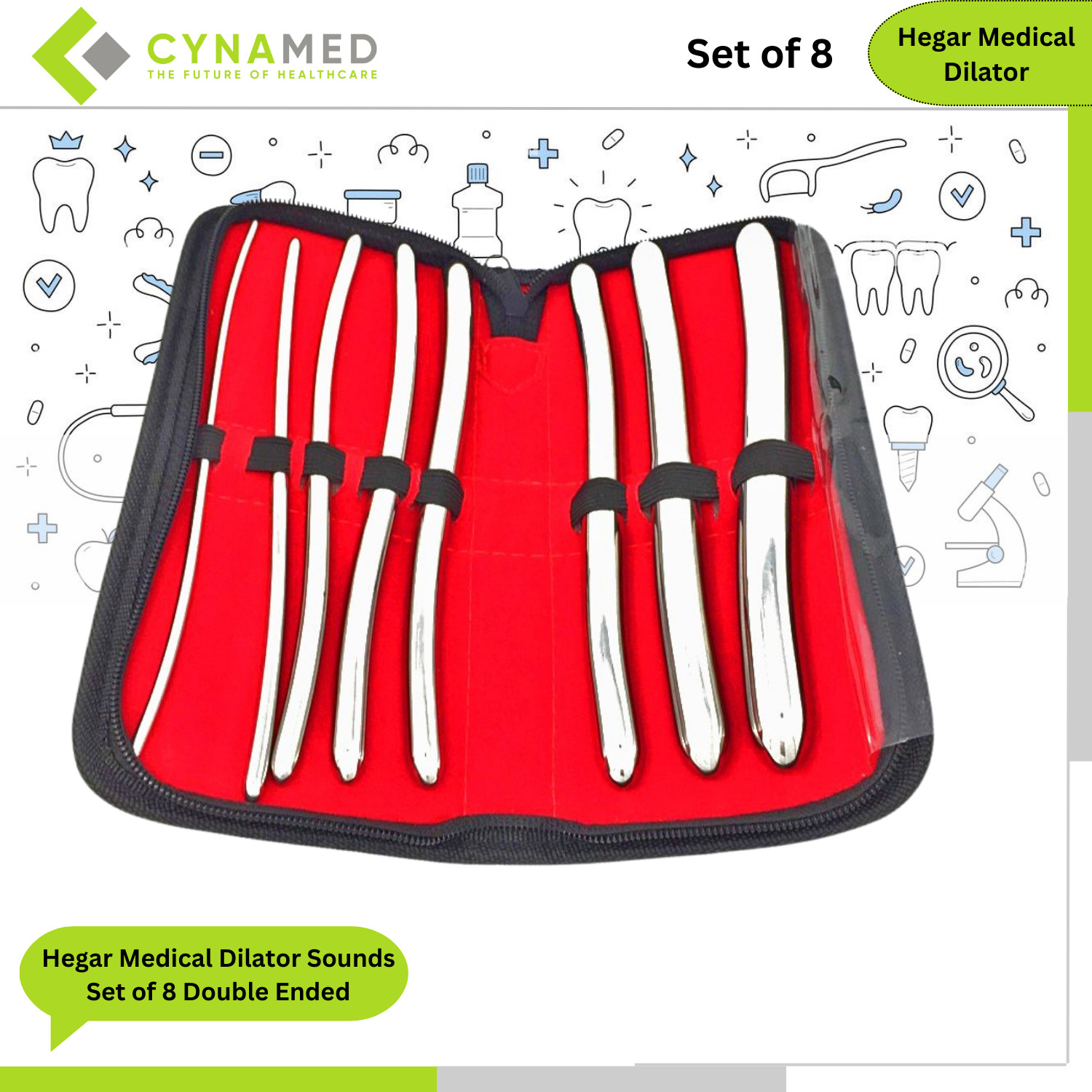 CynaMed Hegar Medical Dilator Sounds Set of 8 Double Ended Instrument 7.5inch