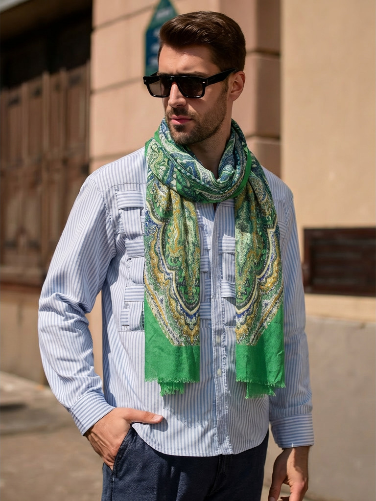 NWT PAOLO DA PONTE 1923 Green Paisley Print Wool Men's Scarf Italy 15"x68"