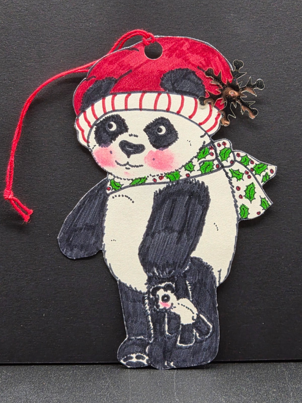1978 Handmade Pen & Ink Panda Christmas Ornament by Bette Wells "Little Dragon"