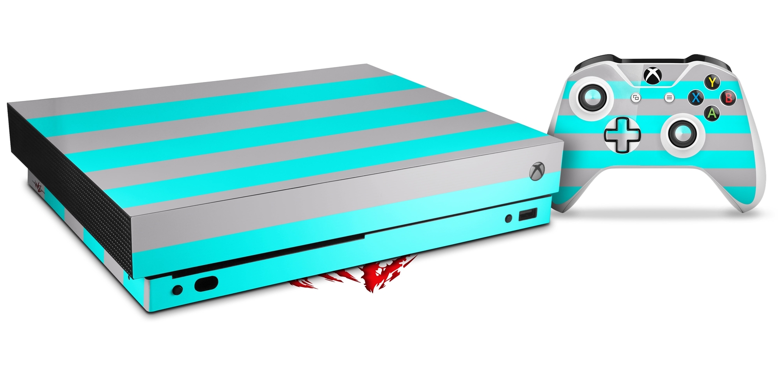 Skin for XBOX One X Console Controller Psycho Stripes Neon Teal Gray Decal
