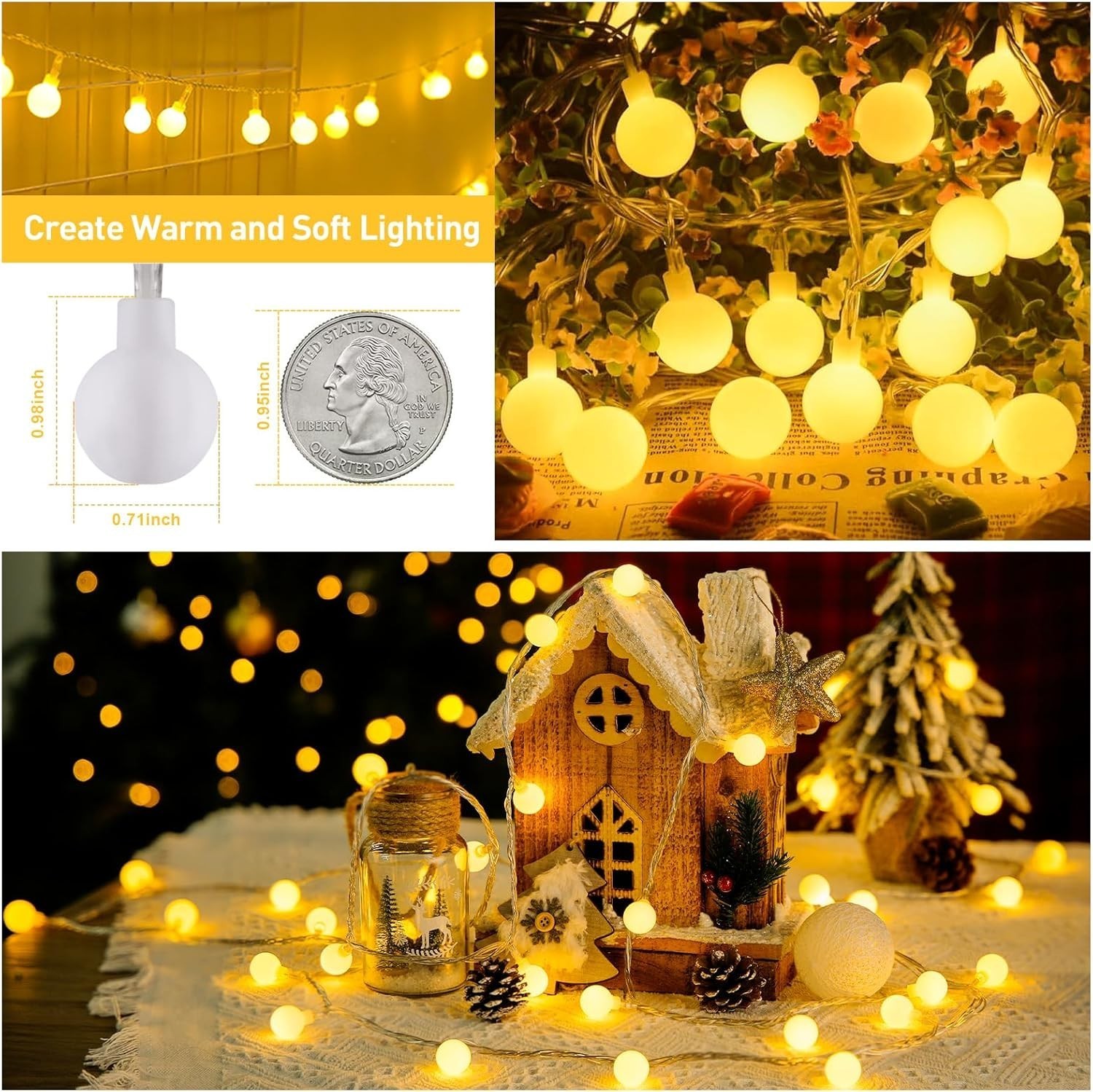 100 LED Connectable Globe String Lights Indoor Bedroom 33ft Warm White Christmas