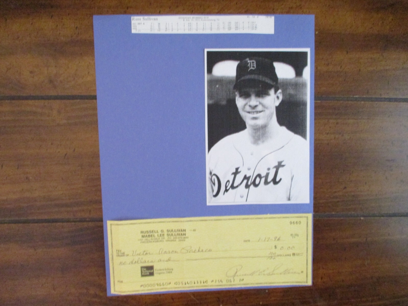 RUSS  SULLIVAN(Died in 2013) Signed Personal Check w/8 x 11 Display w/Obit/Photo