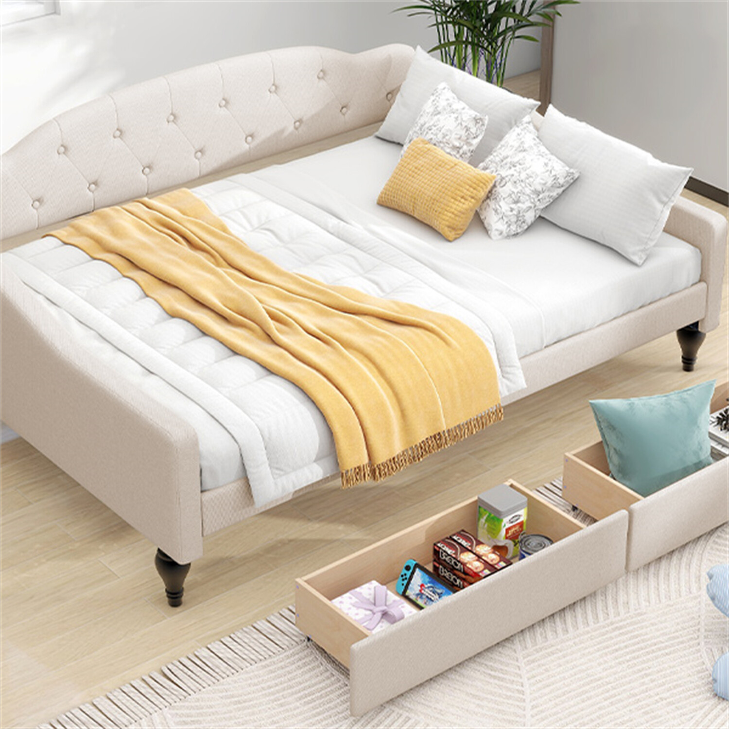 Full Size Daybed Upholstered Bed Frame Sofa Bed w/ 2 Storage Drawers Beige