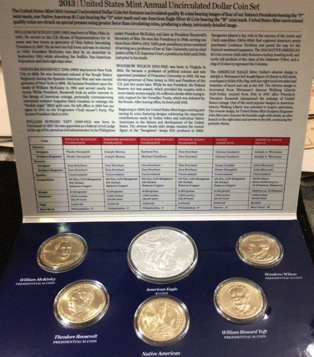 2013 US MINT ANNUAL UNCIRCULATED DOLLAR COIN SET - 6  Coins WITH COA and all OGP