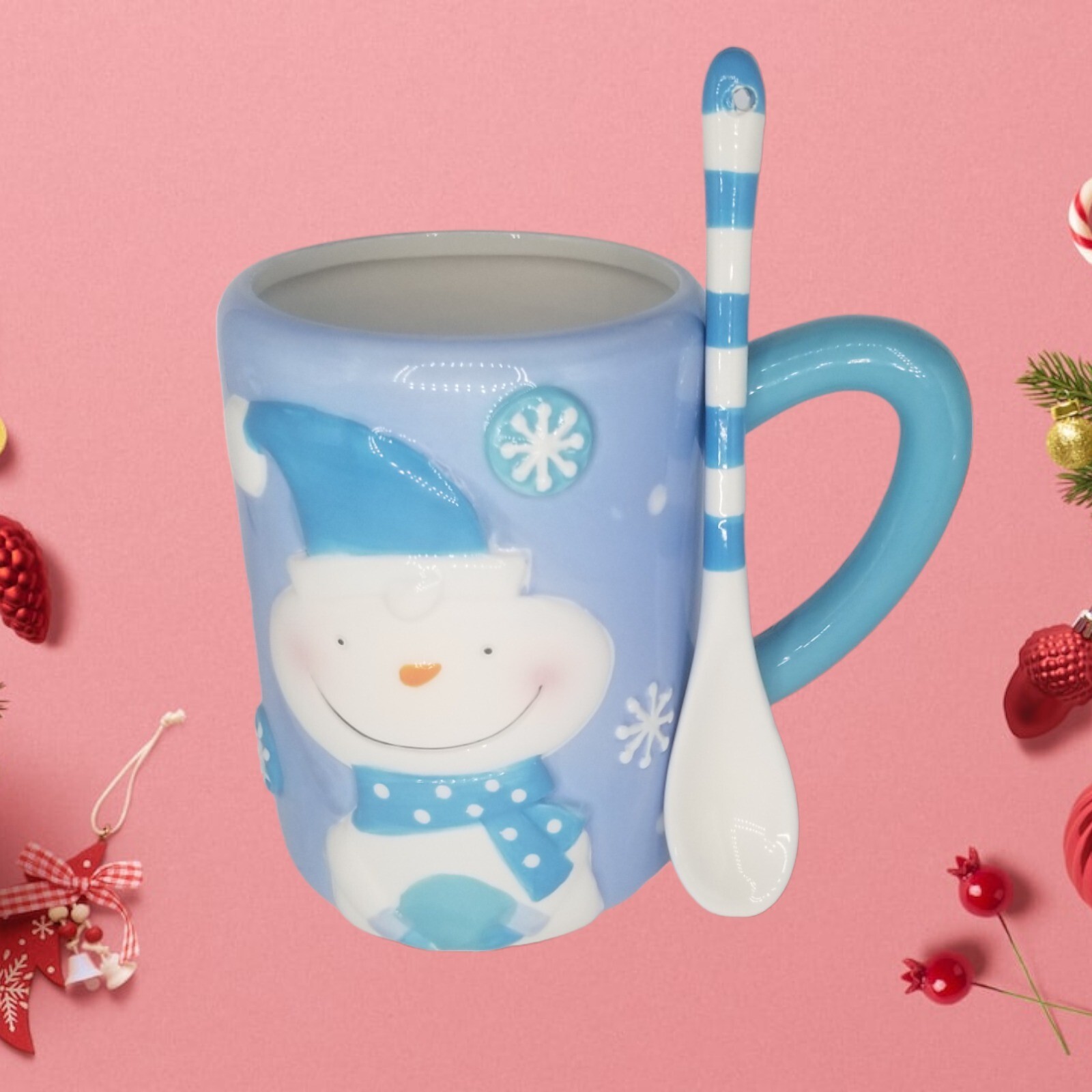 CHRISTMAS SNOW MAN COFFEE MUG WITH SPOON