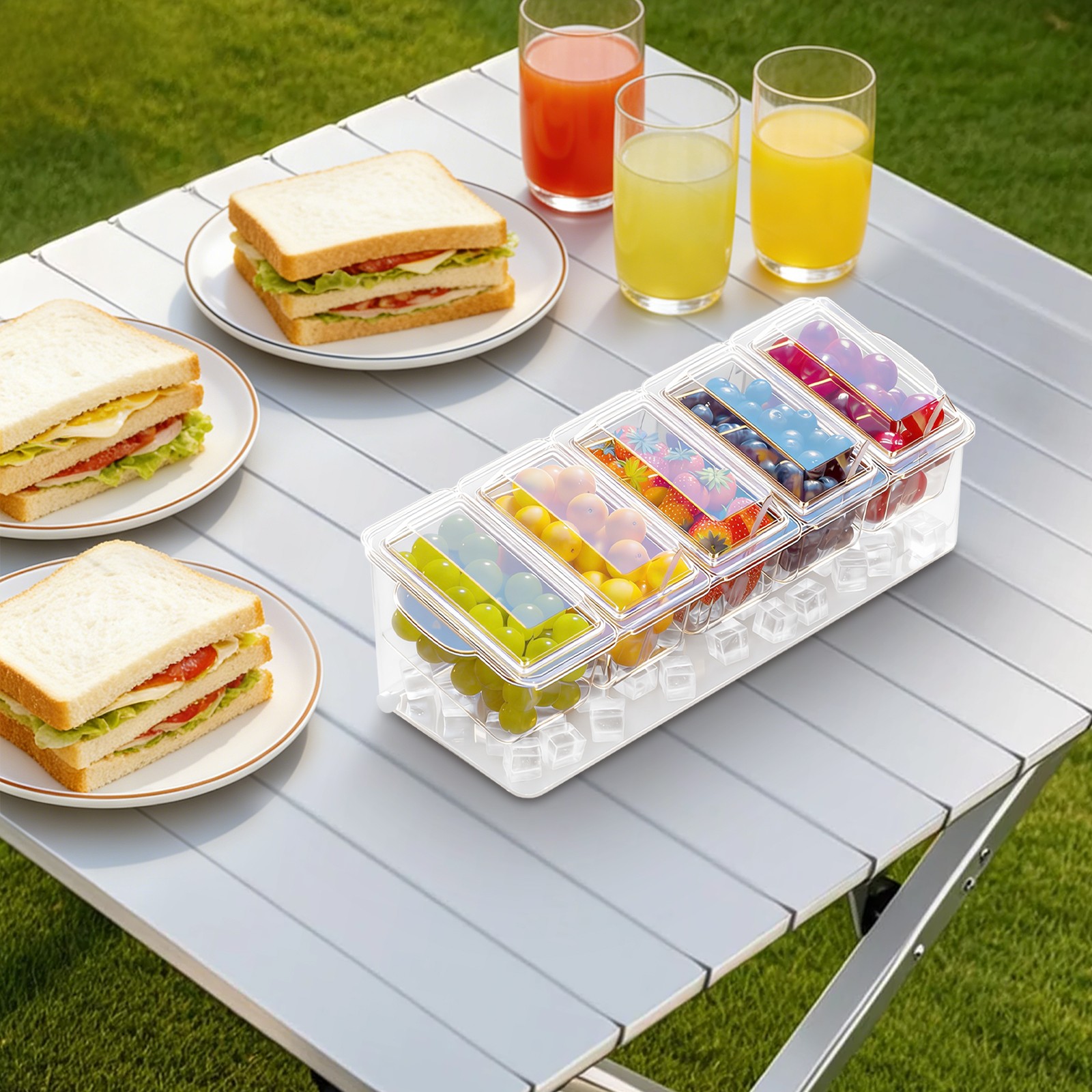 Compartmentalized Salad Storage Container, Ice Chilled Condiment Containers