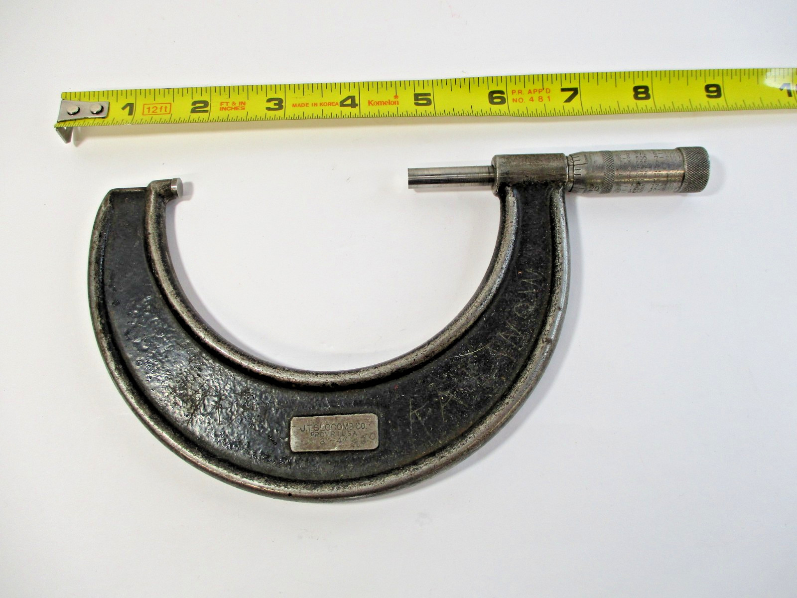 Antique J.T. SLOCOMB Micrometer 3" - 4" x .001" Checks off .0005" in GC