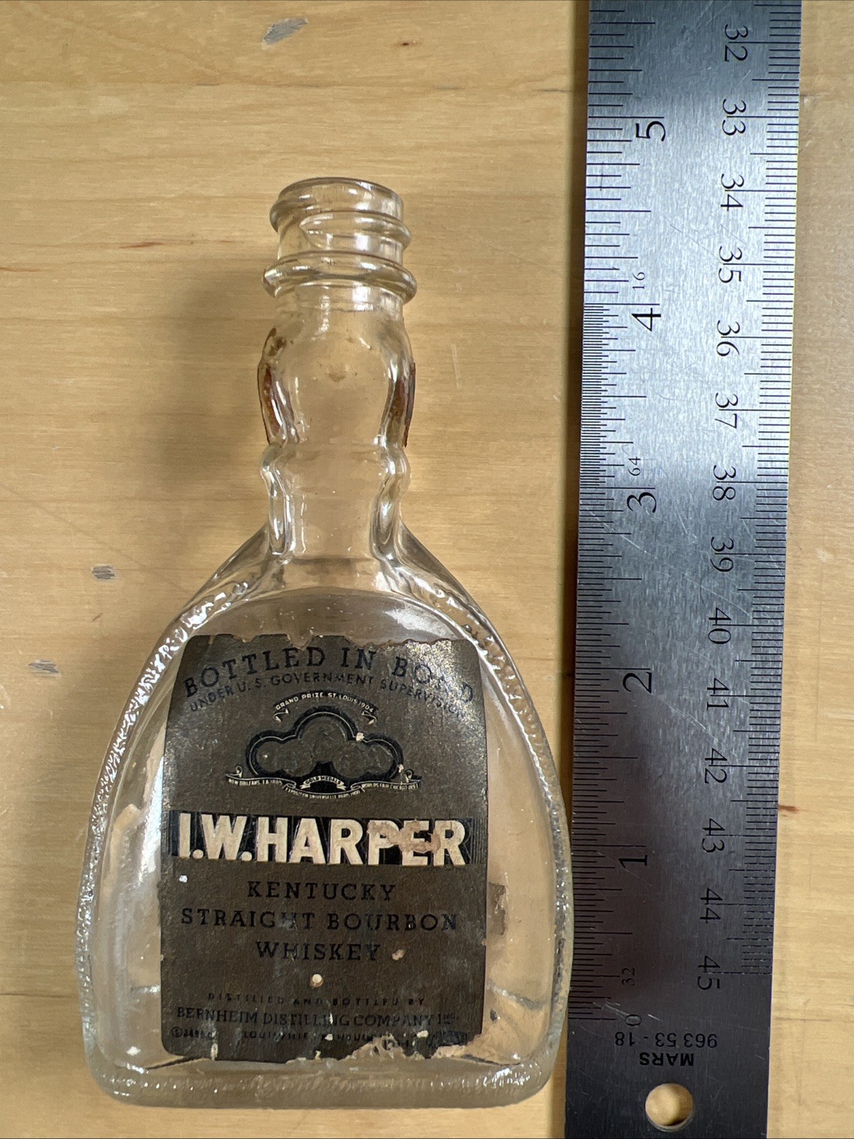 I.W. Harper Antique Mini Clear Glass Whiskey Bottle  1/10th Pt.
