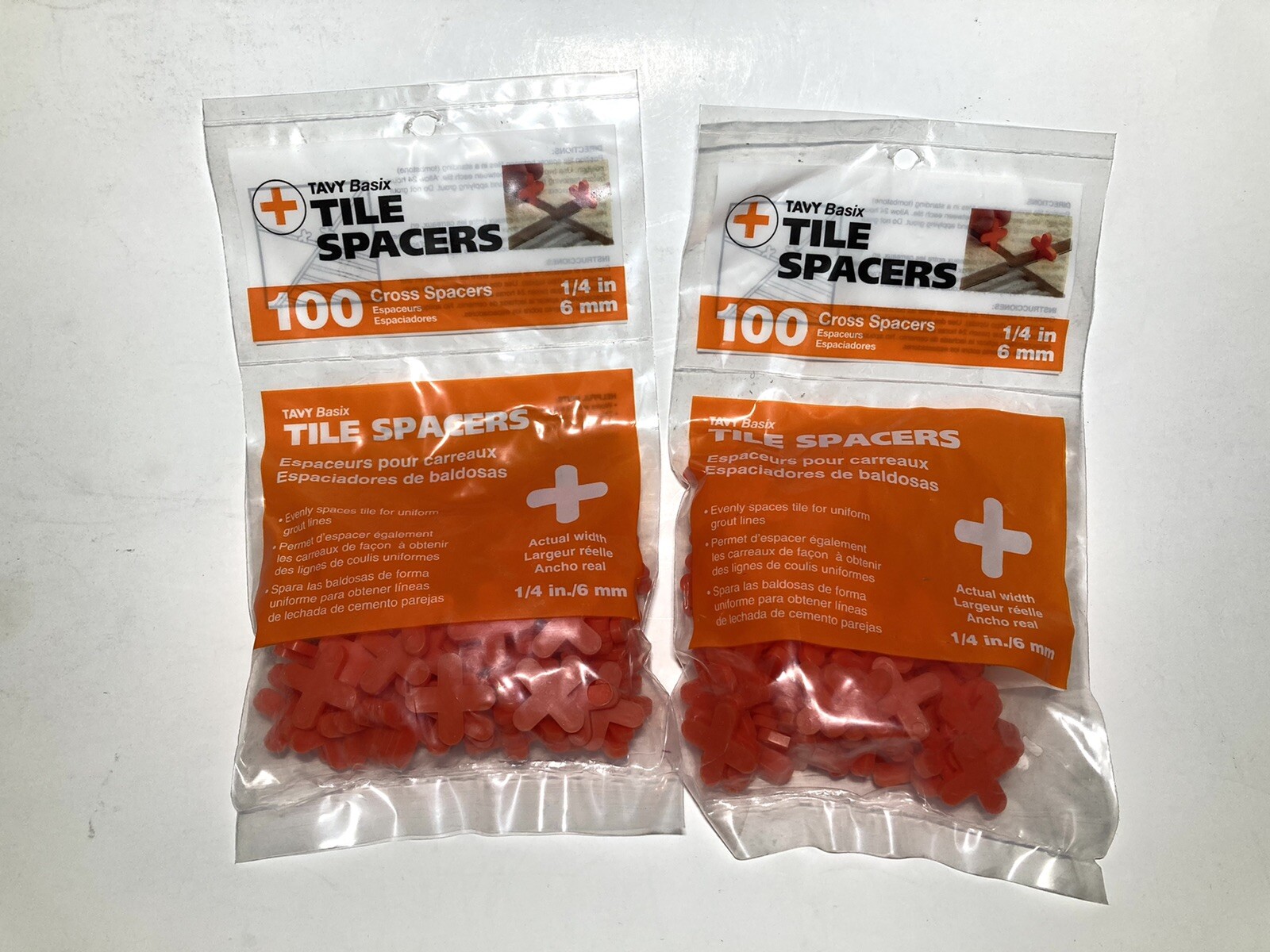 Lot of 2 | TAVY Basix Tile Spacers 1/4 in / 6 mm Orange Cross • 100ct per Bag