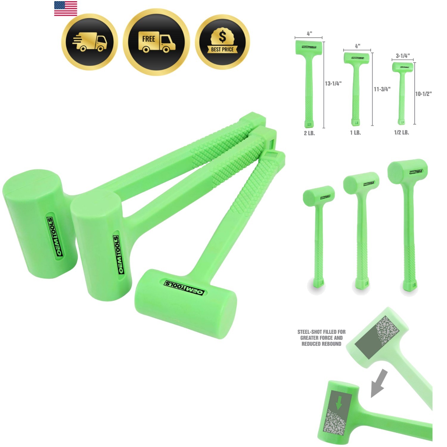 25517 3 Piece Dead Blow Hammer Set, 1/2 Lb., 1 Lb., and 2 Lb., Non Marring Ma...