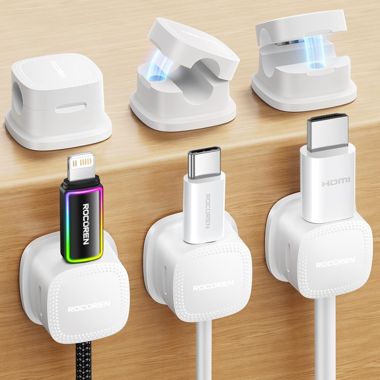 6-Pack Magnetic Cable Clips, Rocoren Smooth Adjustable Adhesive Cord Organizer,