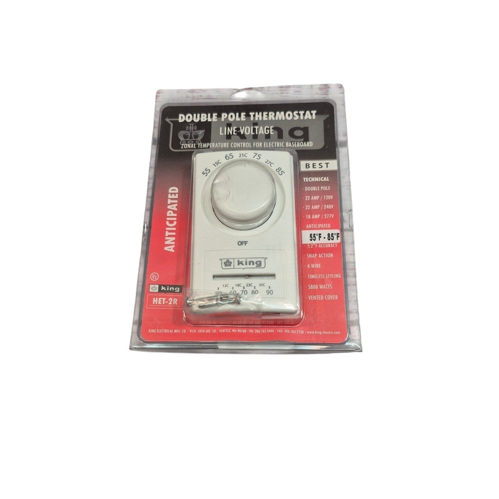 King HET-2R Double Pole Line Voltage Thermostat Electric Baseboard Heater White