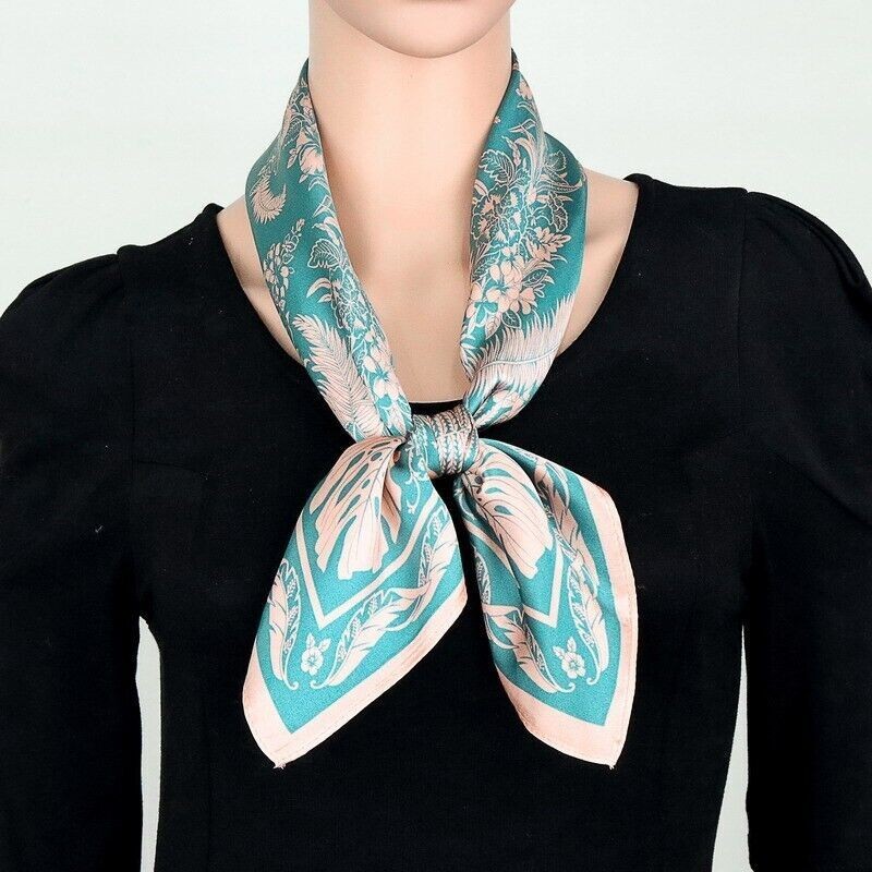 100% Silk Scarf Women Vintage Green Flower Kerchief Square Bandana Wrap 68*68cm