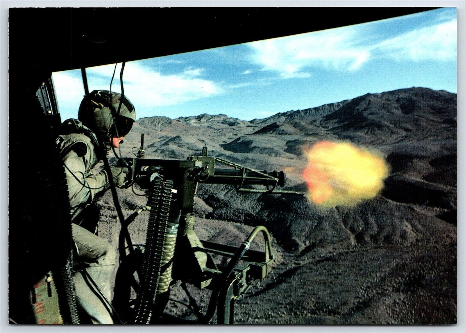 Postcard Bell Helicopter Textron UH-1N Huey GAU-17 Mini Gun In Action Gunner EQ1
