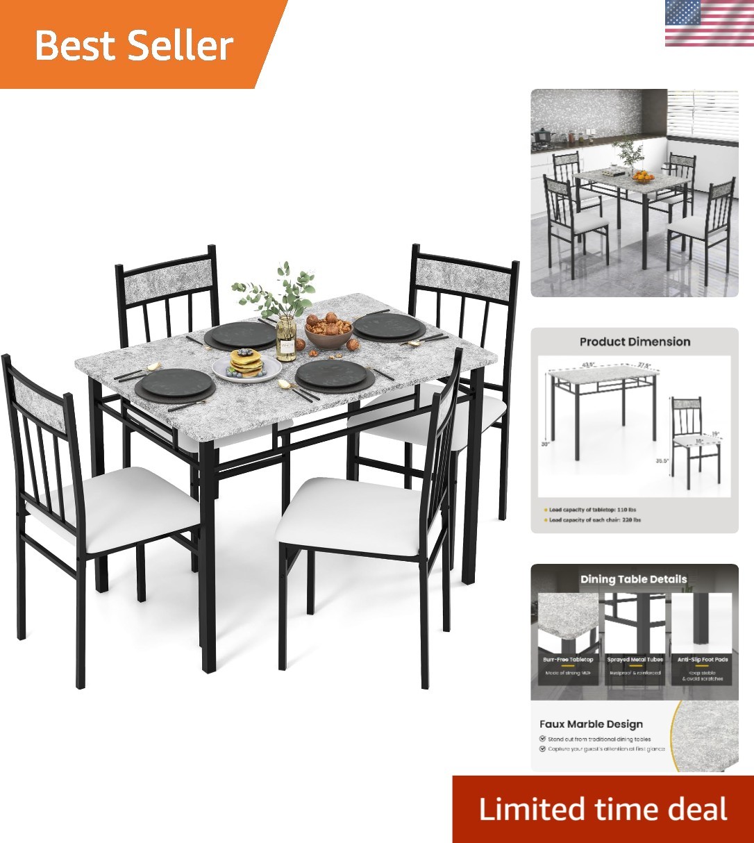 Modern Space-Saving Kitchen Table Set for 4 – Durable Metal Frame Included