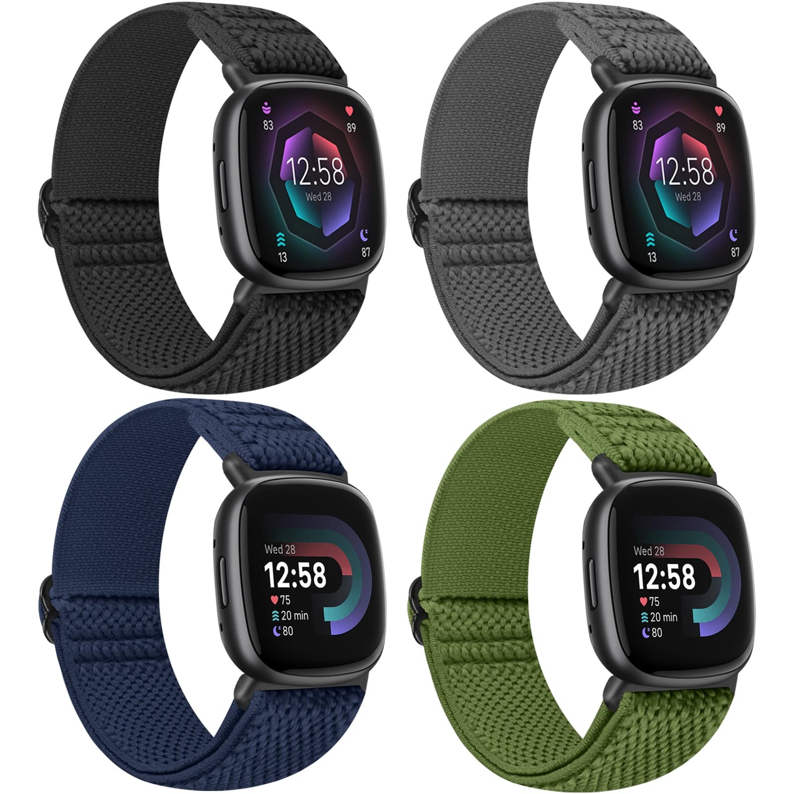 Stretch Nylon Loop Bands for Fitbit Versa Sense 4 3 Smartwatch 4 Pack