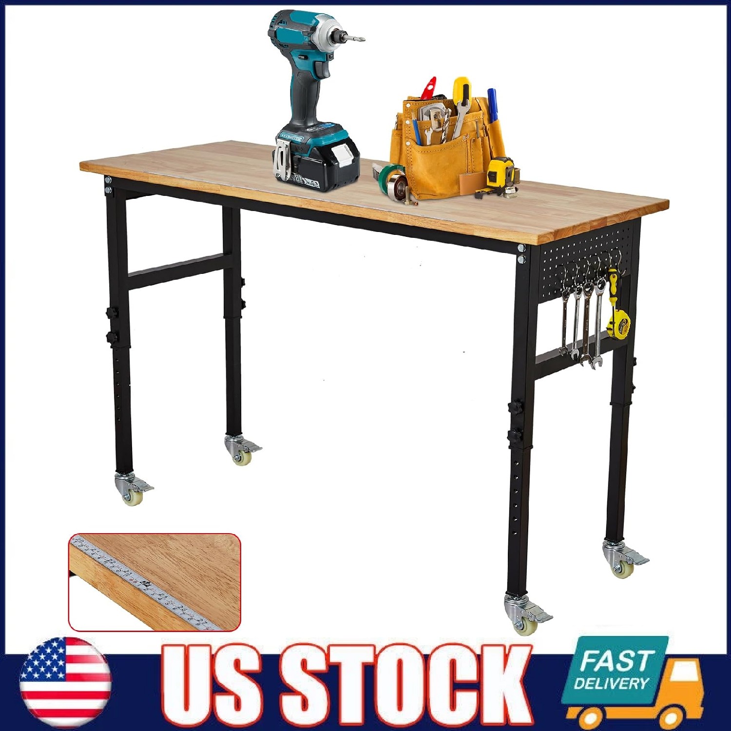 48x24 Inch Adjustable Workbench with Wheels ,2000 Lbs Wood Work Table for Garage