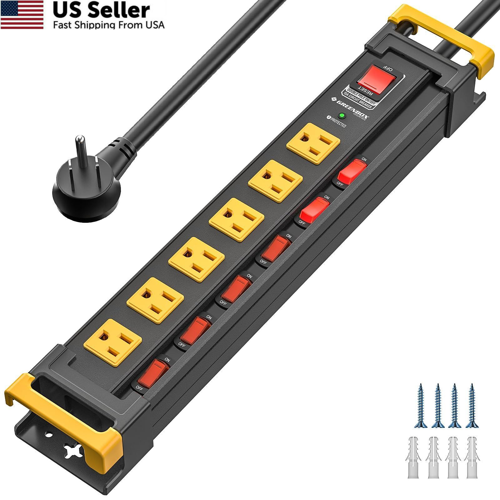 6Outlet Heavy Duty Power Strip Metal Surge Protector Individual Switches 6ft New