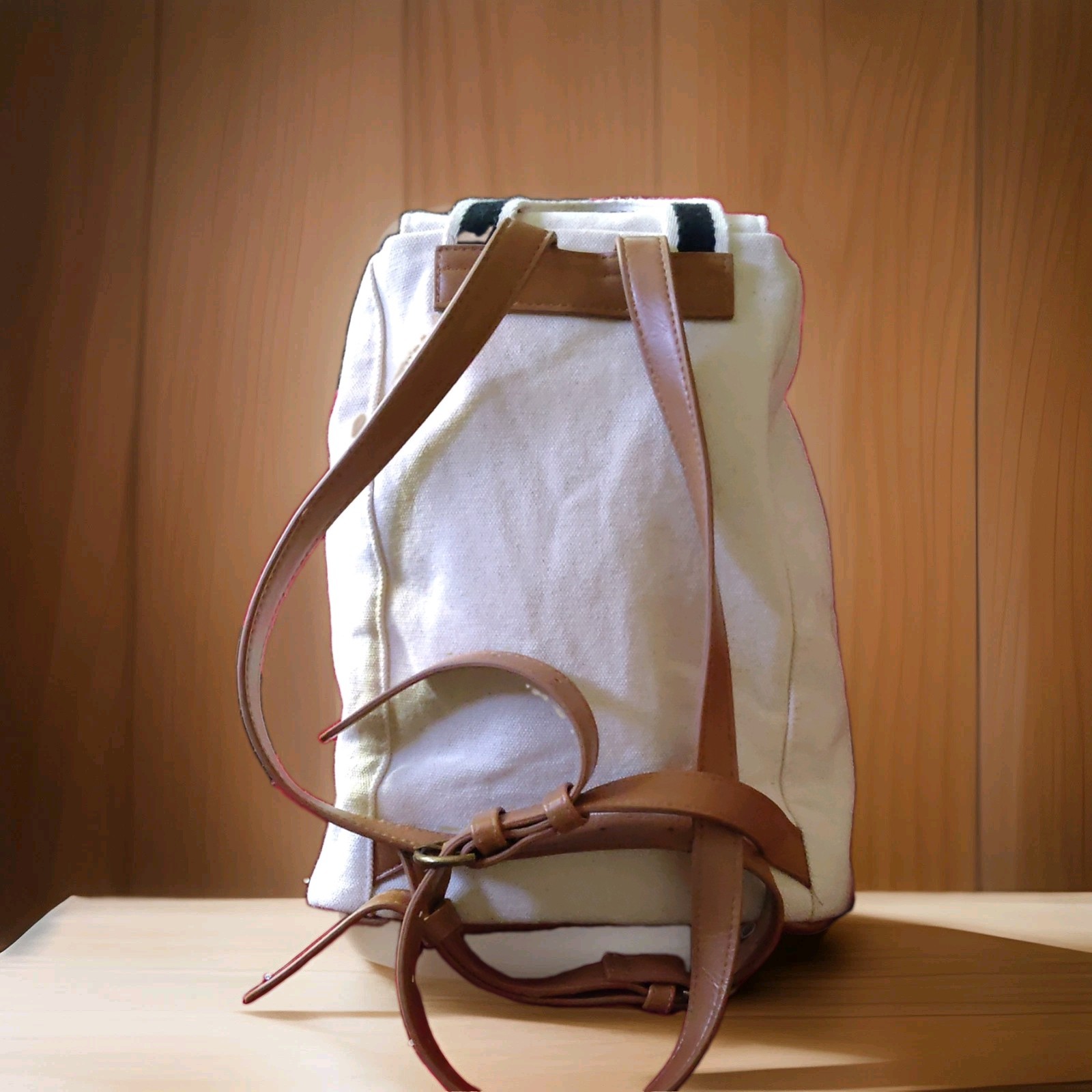 Universal Thread White Canvas Drawstring Backpack Faux Leather Straps Zip Pocket