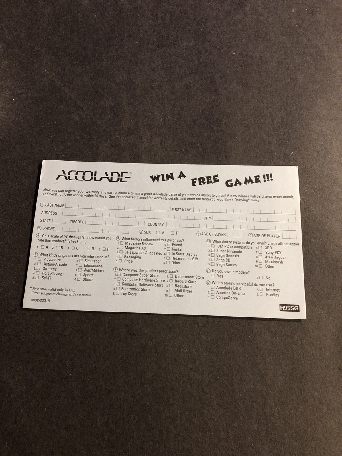 Accolade Sega Registration Card Insert