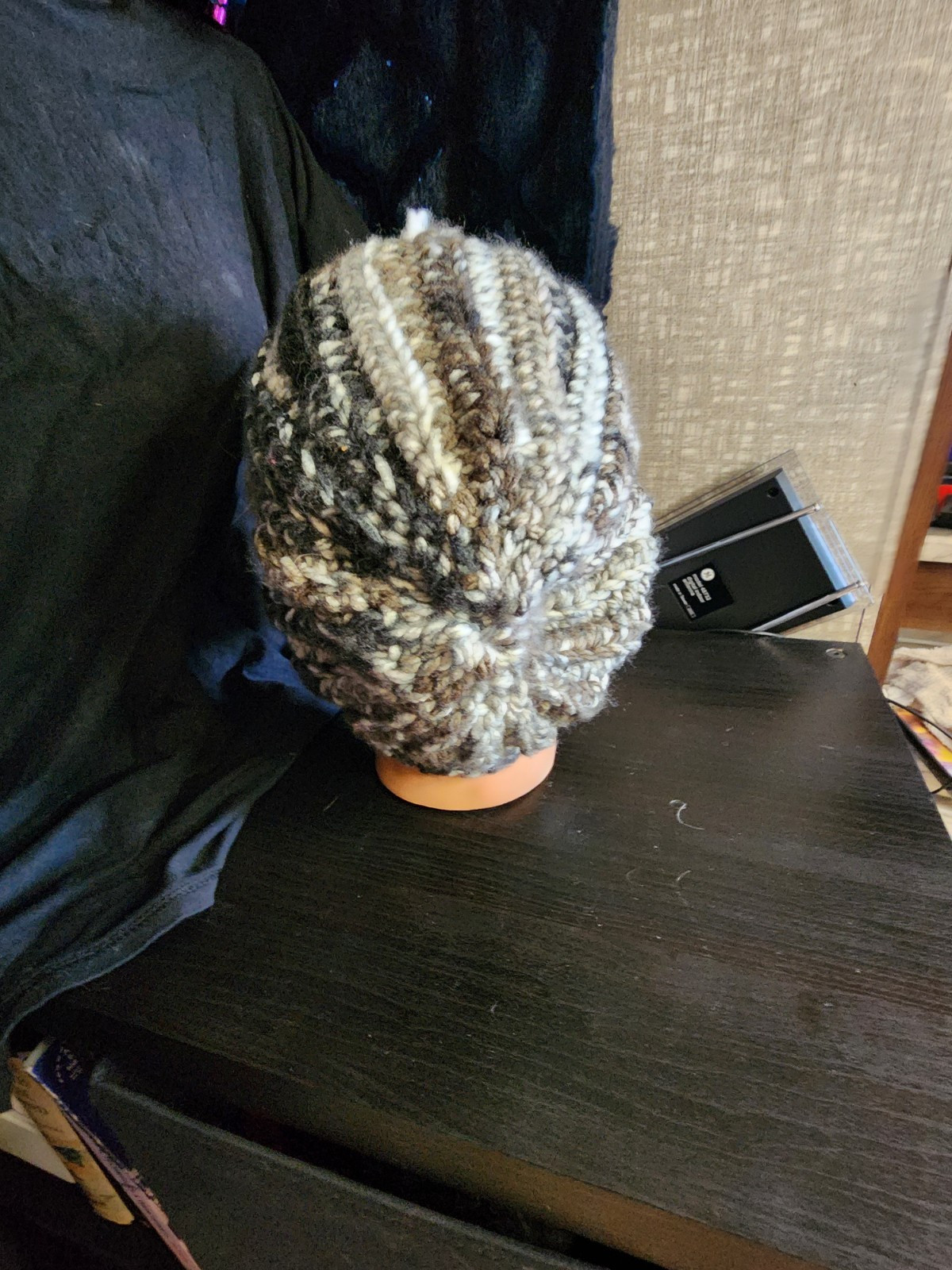 Crocheted Blacks And Grays Super Chunky Long Scarf With Ribbed Beanie Hat Set