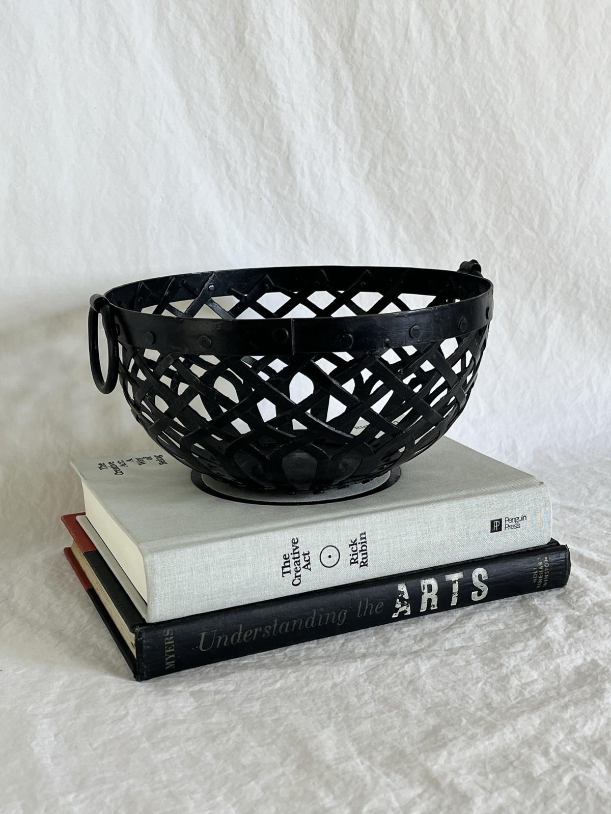 Black Resin Basket with Ring Handles Inspired by Cast Iron Baskets
