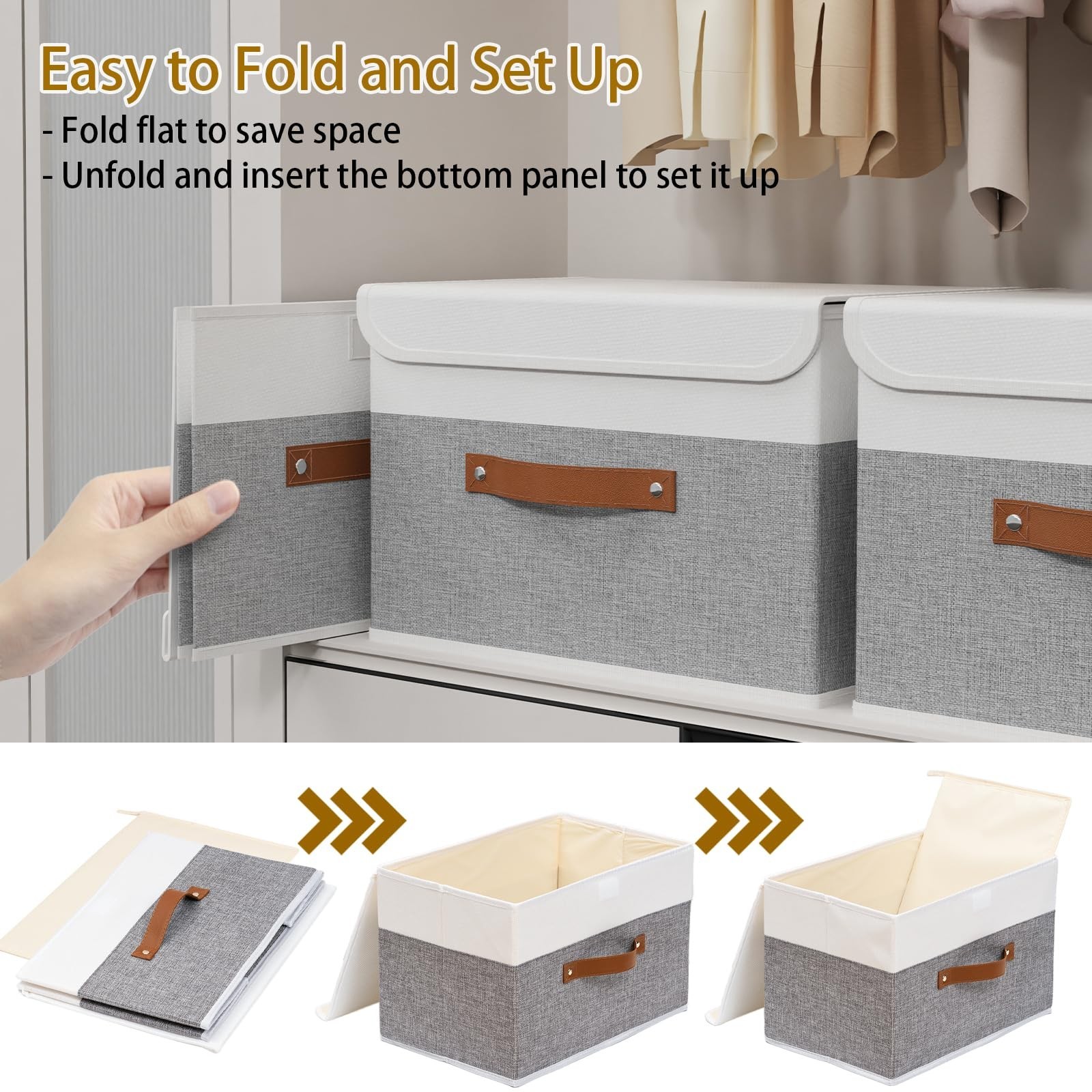Collapsible Fabric Storage Bins 3-Pack, Washable Cube Organizer with Lids, Grey/