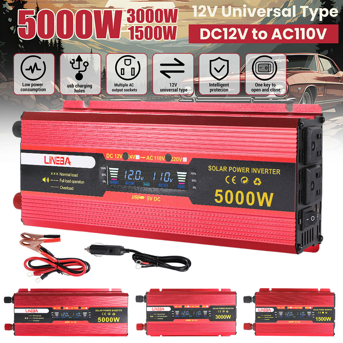 Car Power Inverter 5000W 3000W DC 12V To AC 110V Modified Wave Solar Converter