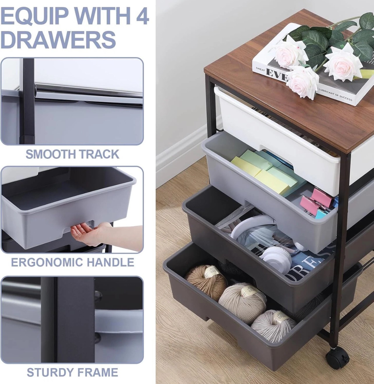 Sykiariol Rolling Storage Utility Cart With 4 Drawers