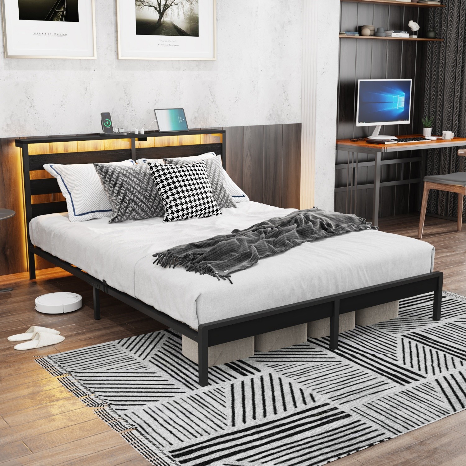 Full Size  Metal Platform Bed Frame w/ LED Lights Headboard & USB Ports Black
