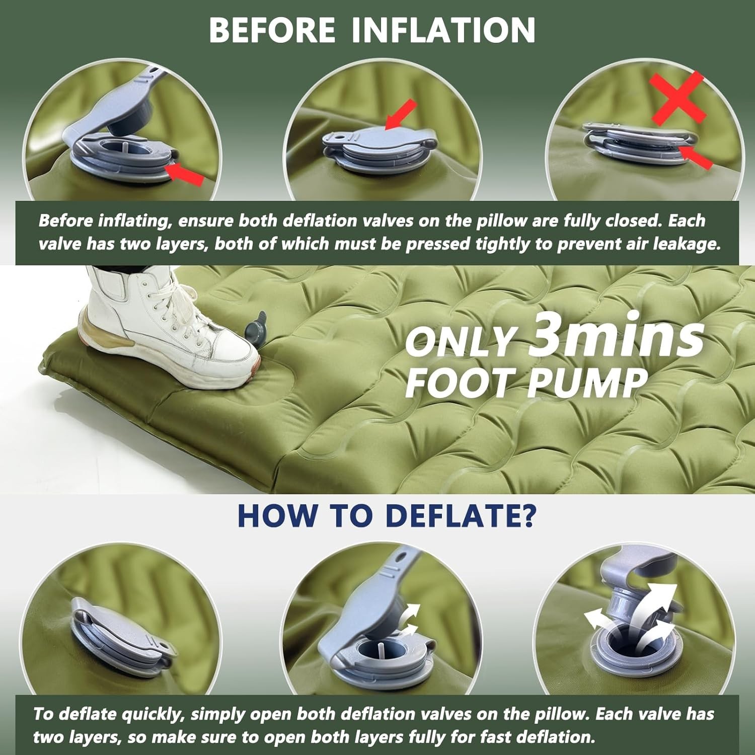 Double Camping Sleeping Pad 5 Inch Thick Self-Inflating Pillow Lightweight