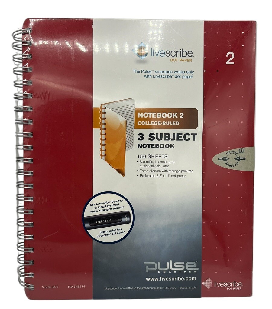 Livescribe Notebook Dot Paper 2 College Ruled 3 Subject  150 Sheets Pulse Sealed