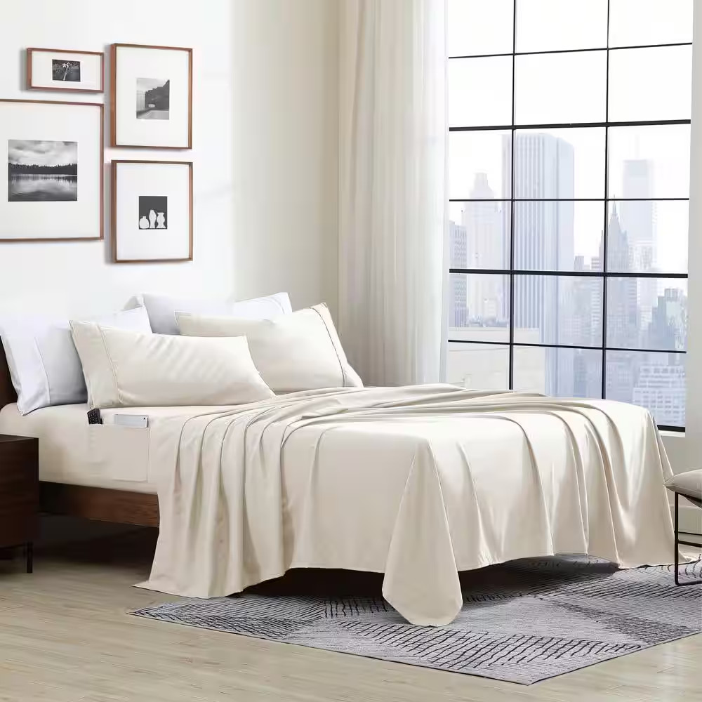 Twin Size Microfiber Sheet Set with 8 In. Double Storage Side Pockets, Coconut M