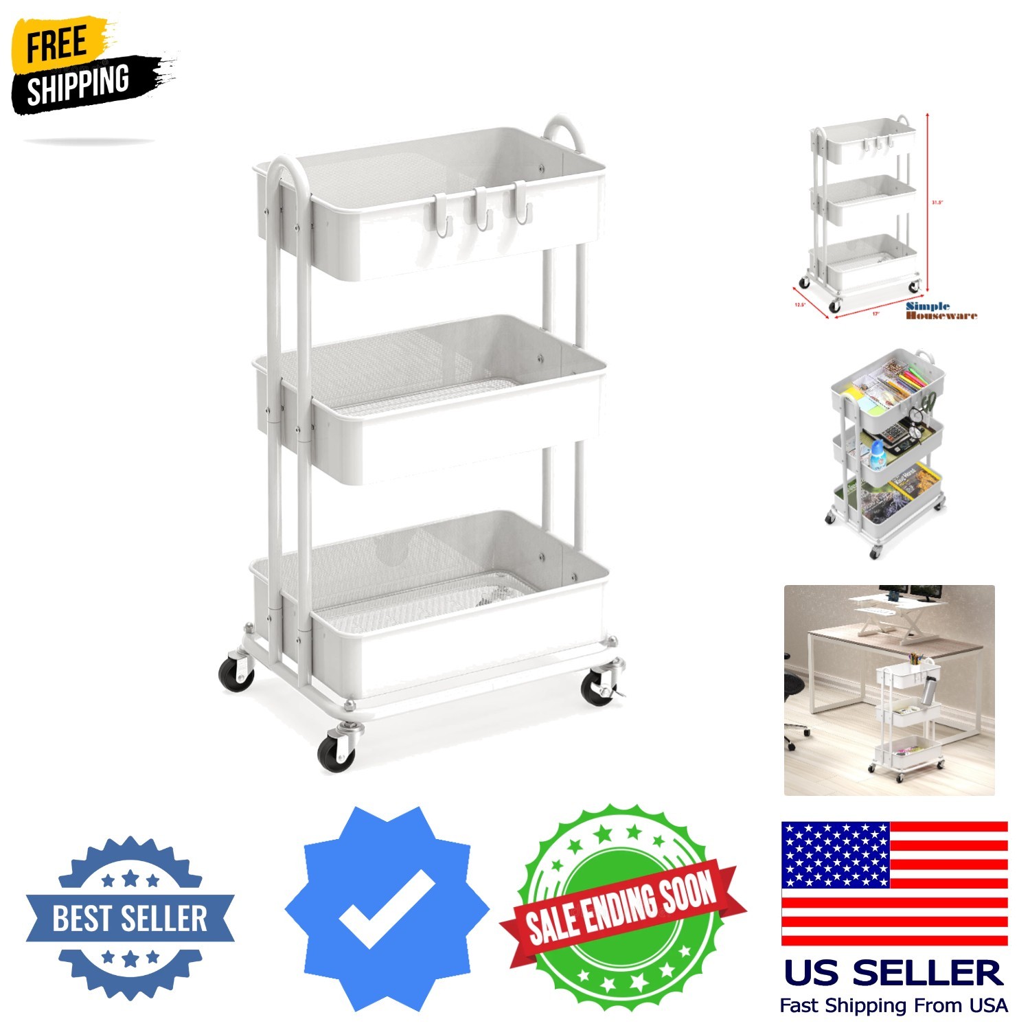 3-Tier Heavy Duty Metal Utility Rolling Cart, White