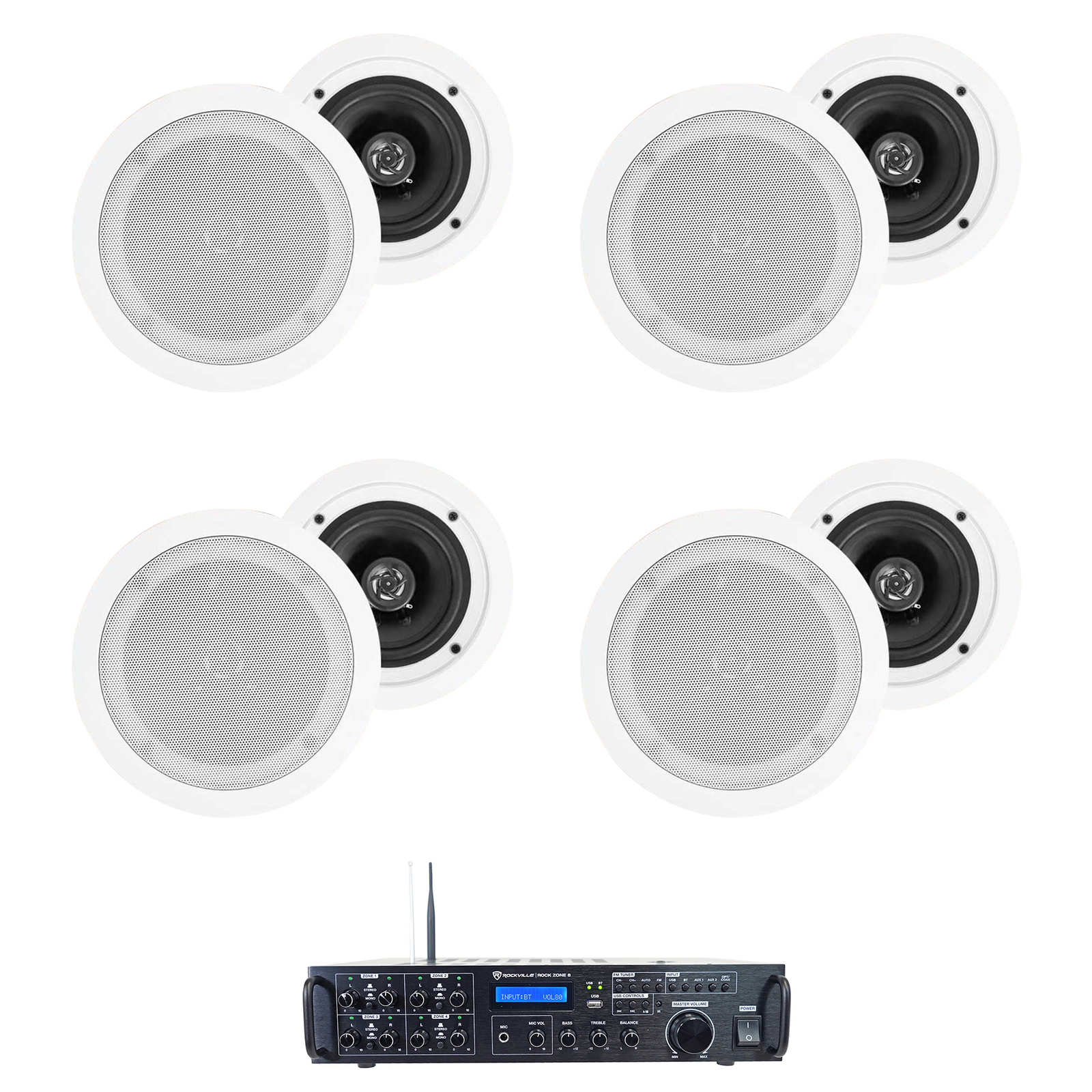 Rockville Rock Zone 8 Ch. Multi Room Receiver+(8) 5.25" White Ceiling Speakers