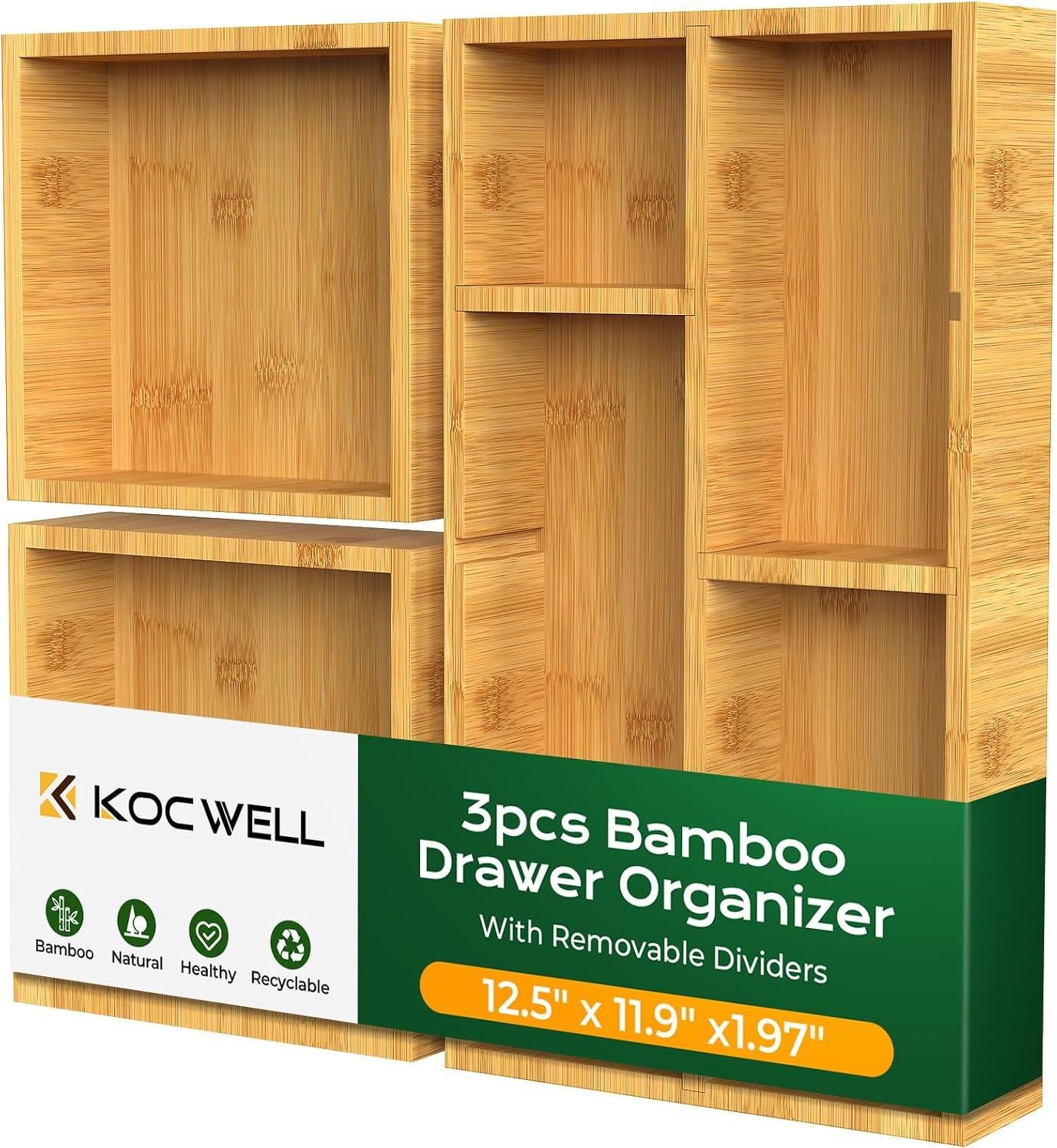 Bamboo Desk Drawer Organizer with Removable Dividers,Multi-Use Office Drawer