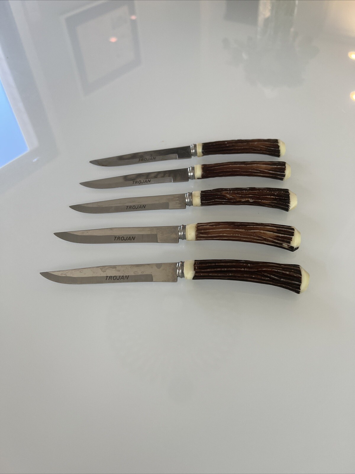 MCM Vintage steak knives - Trojan Brand With Wood / Antler Look Handles - 5