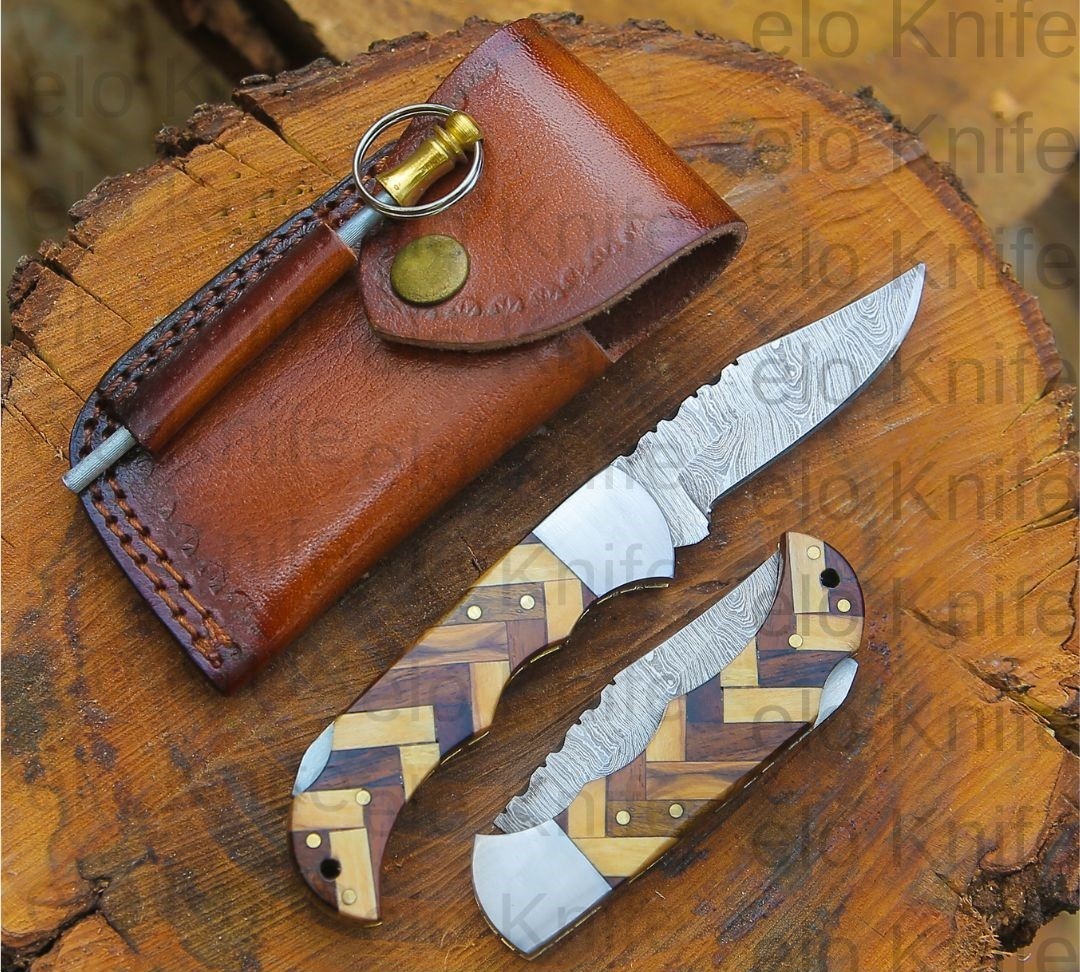 25 Pcs of Custom Handmade Damascus Steel Folding Pocket Knives Rose & Olivewood