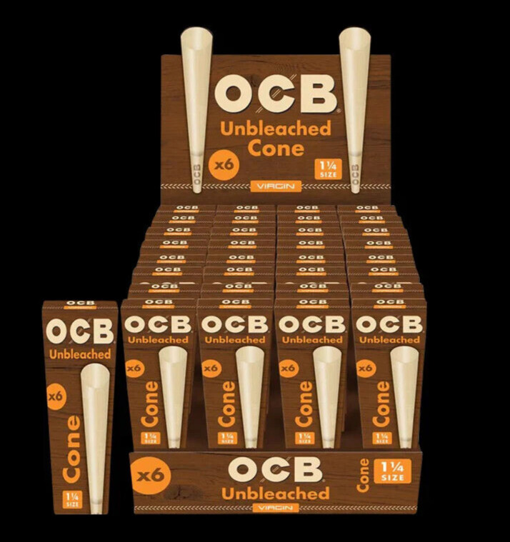 😎 OCB 1 1/4 SIZE VIRGIN UNBLEACHED CONES ✨ 1 ¼ SIZE ✨ 6 PER PACK ( 32 PACKS )