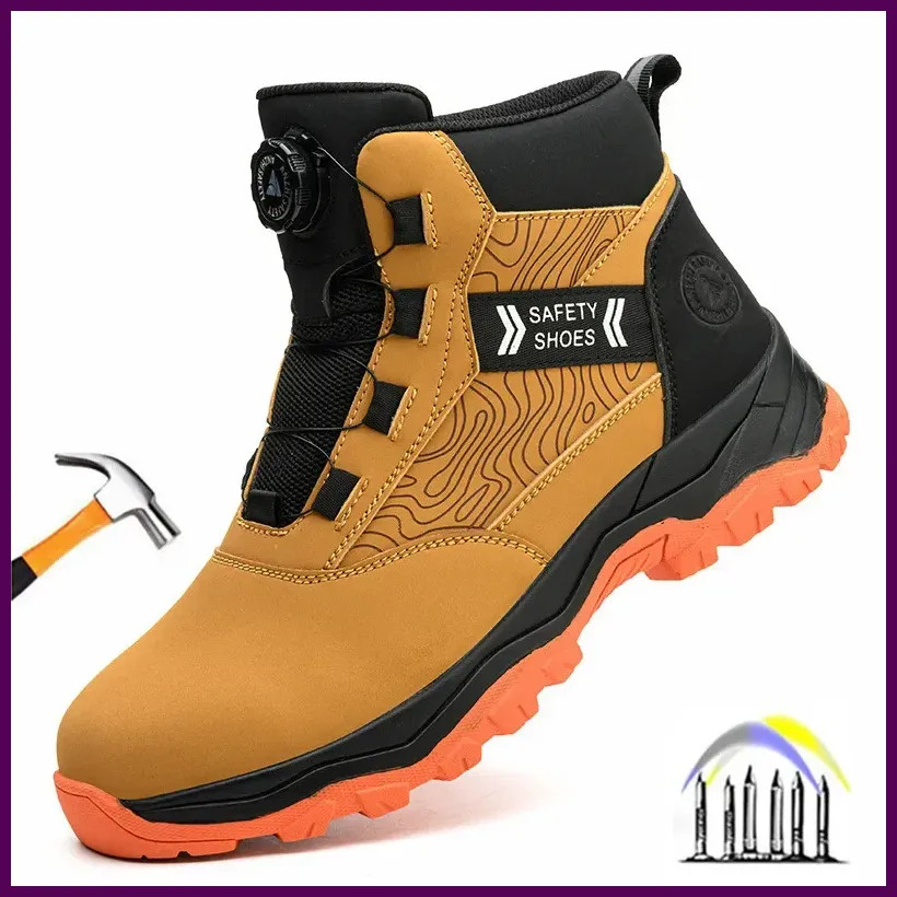 waterproof work shoes high man rotating button safety shoes anti-slip rubber.